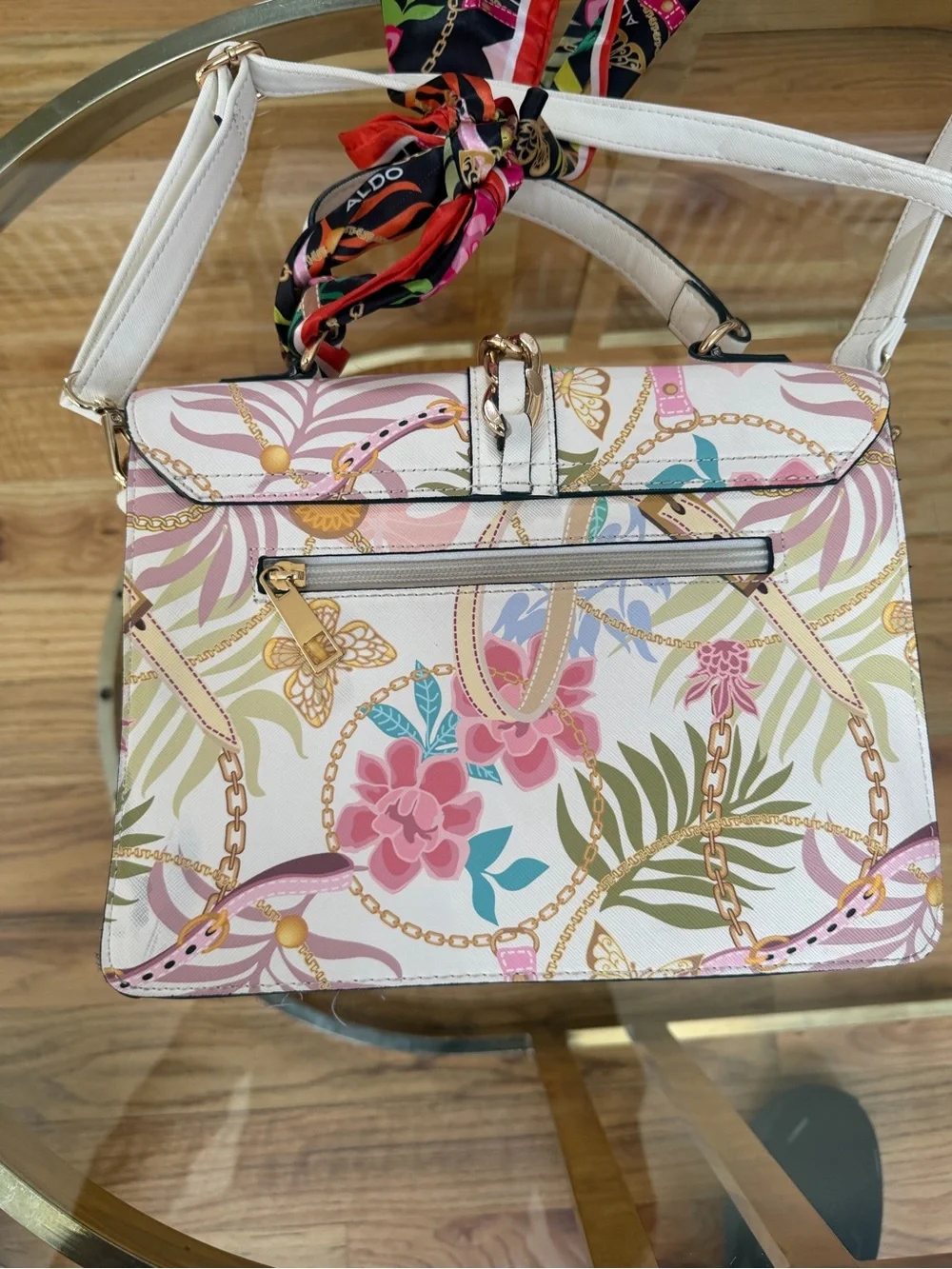 Aldo White Floral Print Crossbody Satchel with Gold Lock